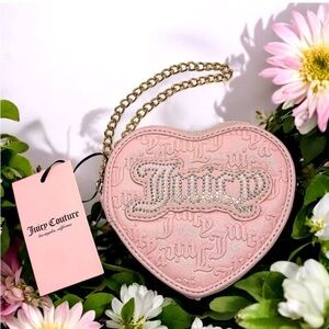 Juicy Couture Pink Diamonds & Pearls Heart Shape Logo Gold Chain Wristlet Bag
